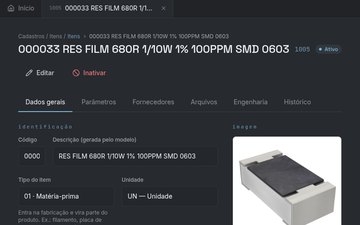 Tela de cadastro de item do sistema de gestão da Cerne, com dados do componente e imagem